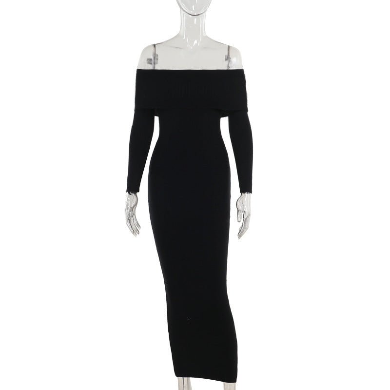 Socialite Style Elegant Slim - fit Woolen Off - shoulder Dress - NARAVOCO